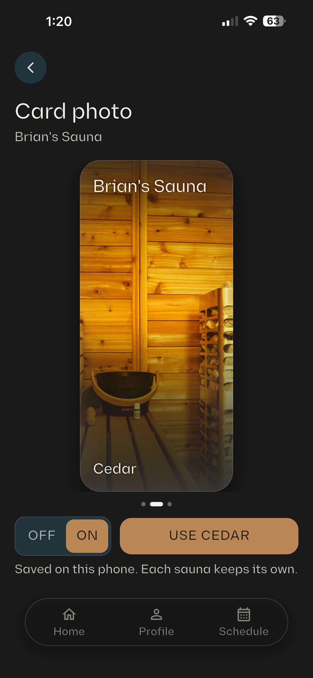 Picking the built-in Cedar backdrop for a sauna's card in the Homecraft app