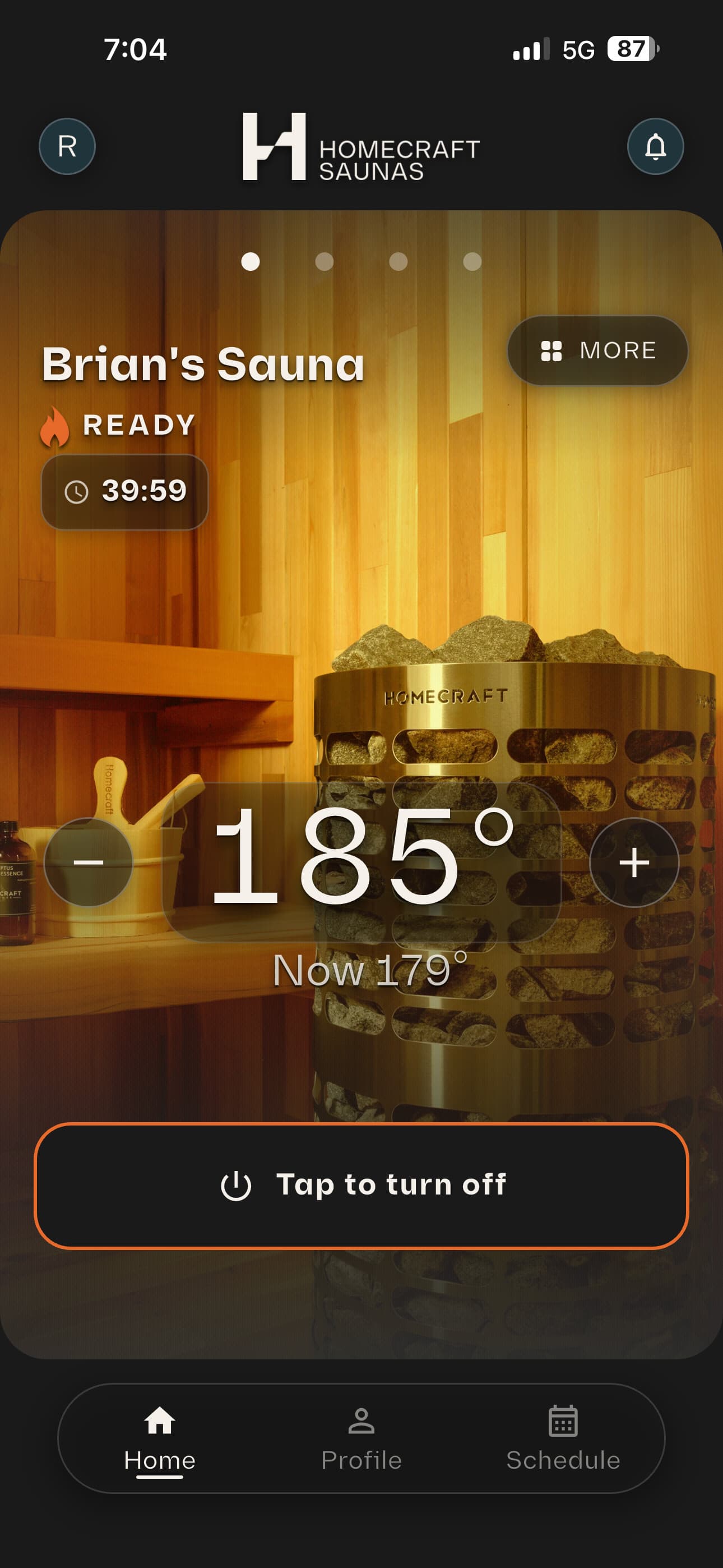 The Homecraft app showing a sauna ready at 185 degrees, with 39 minutes 59 seconds left on the session timer