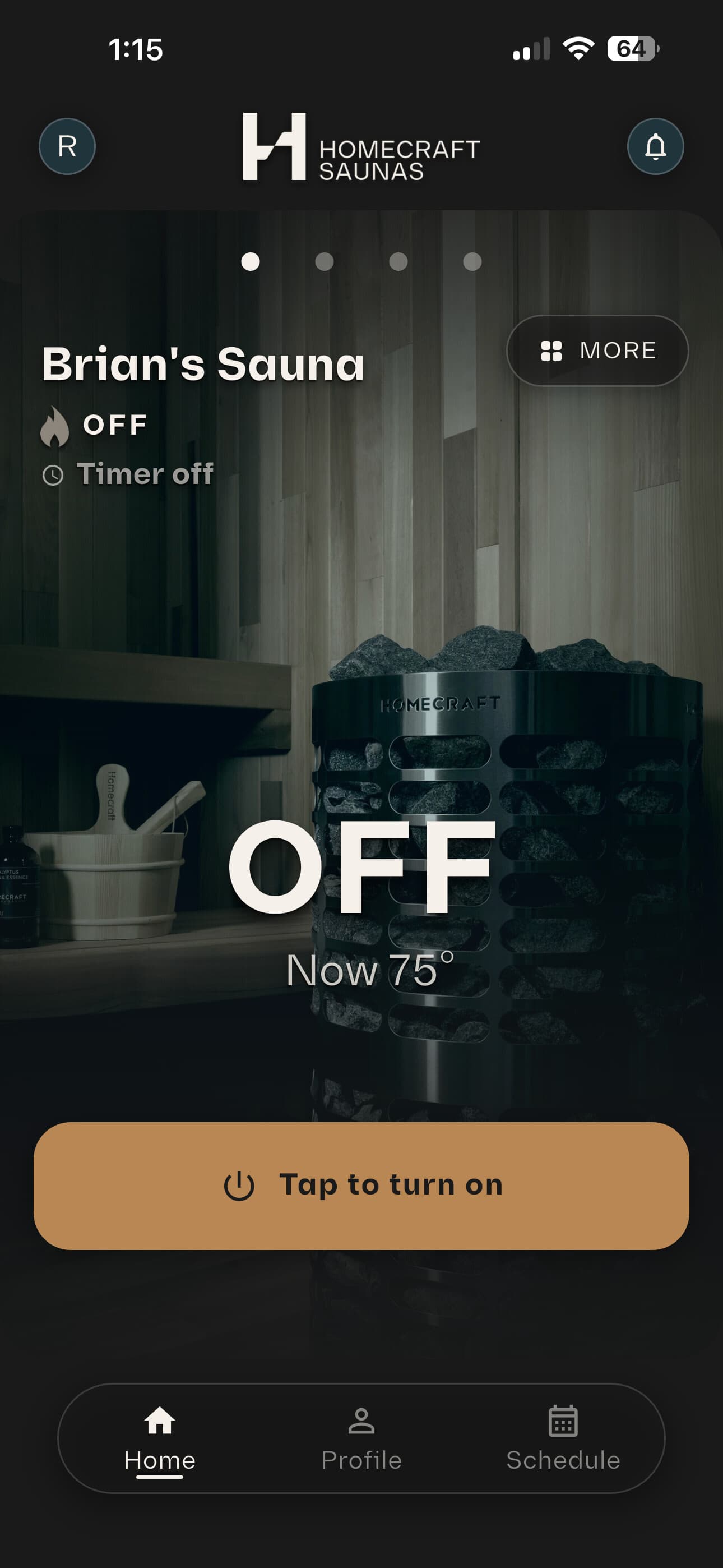 A sauna turned off in the Homecraft app, at 75 degrees, with a Tap to turn on button
