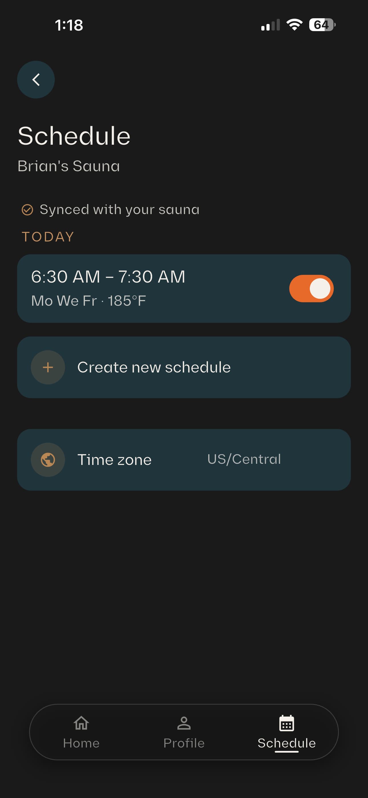A schedule in the Homecraft app: 6:30 to 7:30 AM on Monday, Wednesday and Friday at 185°F, synced with the sauna