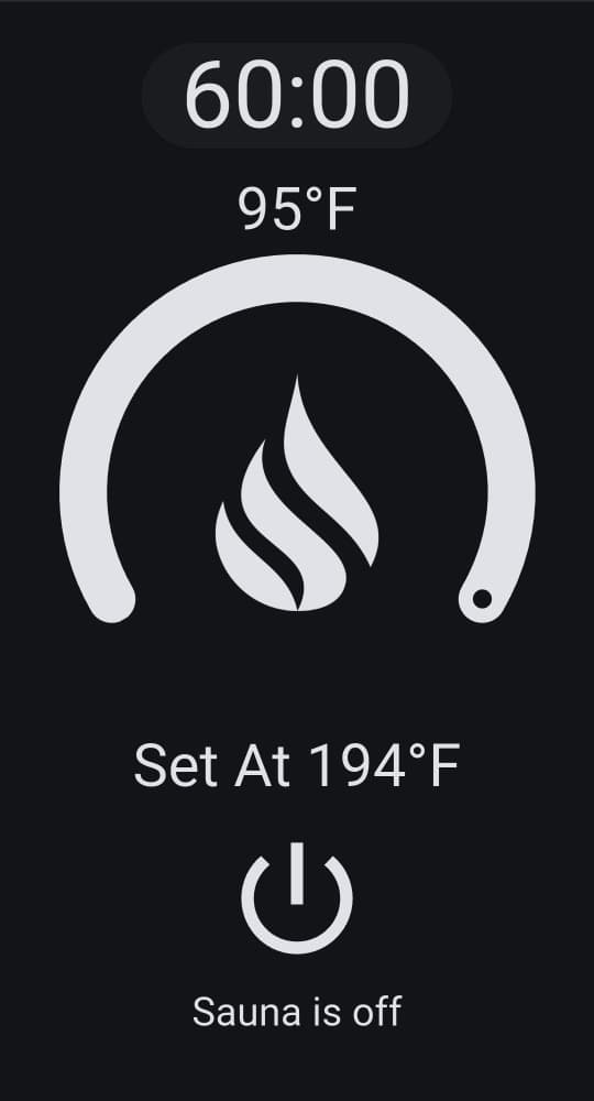 A sauna turned off, showing the current temperature and its target