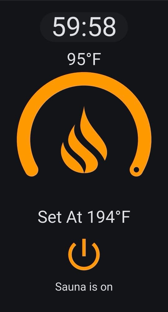 A sauna heating, showing 95°F with a target of 194°F and a 59 minute timer