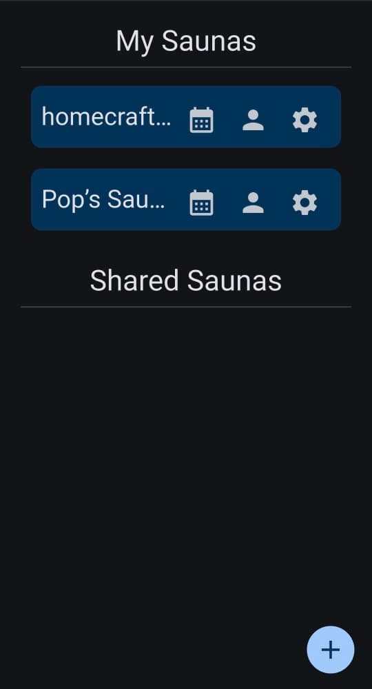 The Homecraft app listing a person's own saunas and saunas shared with them